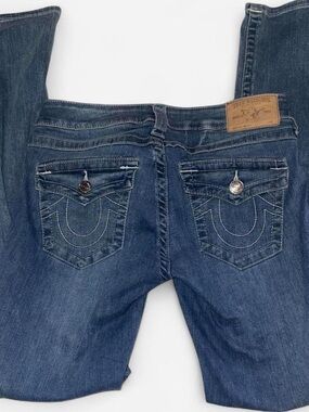 True Religion Women's Medium Blue Bootcut Jeans with Signature Pocket Stitching